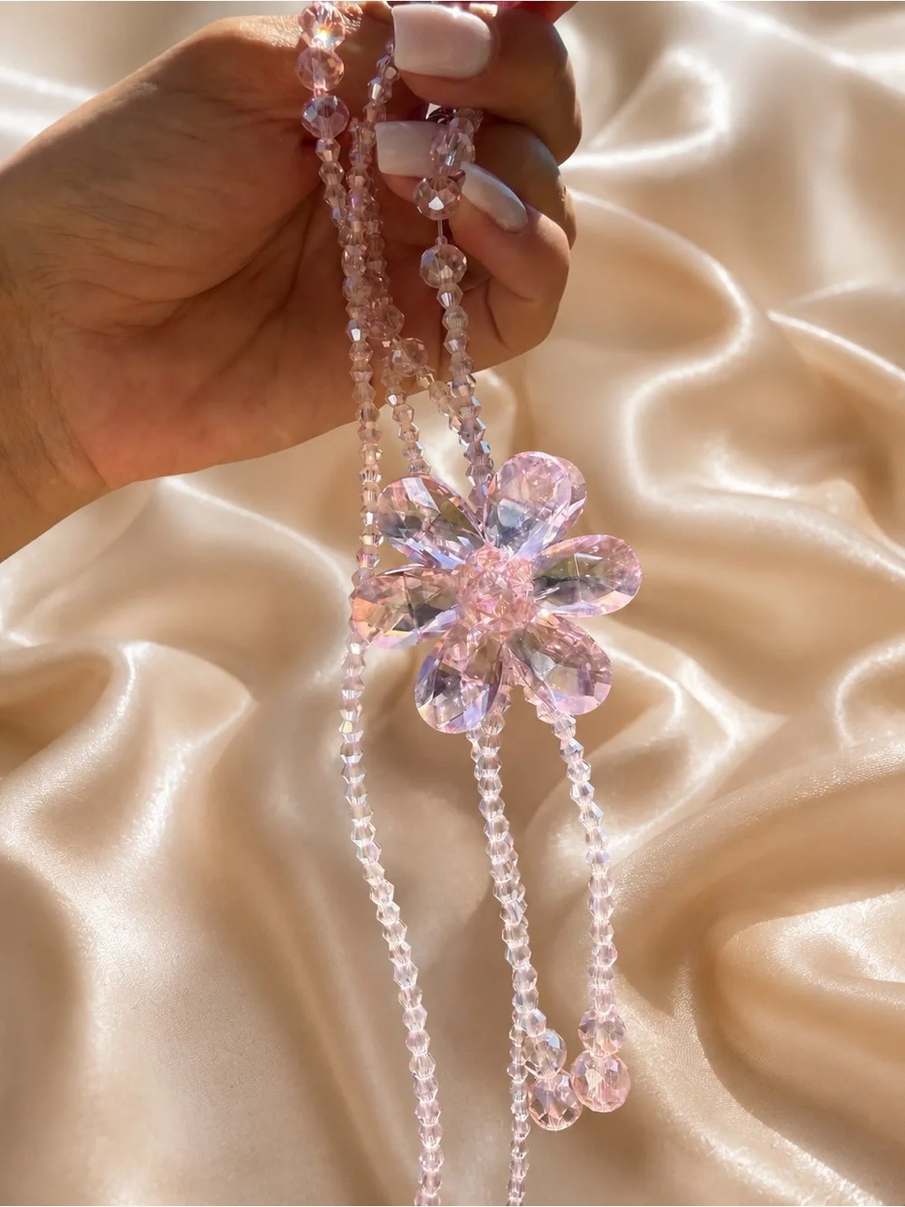 Pink Crystal Flower Necklace Handmade Jewelry